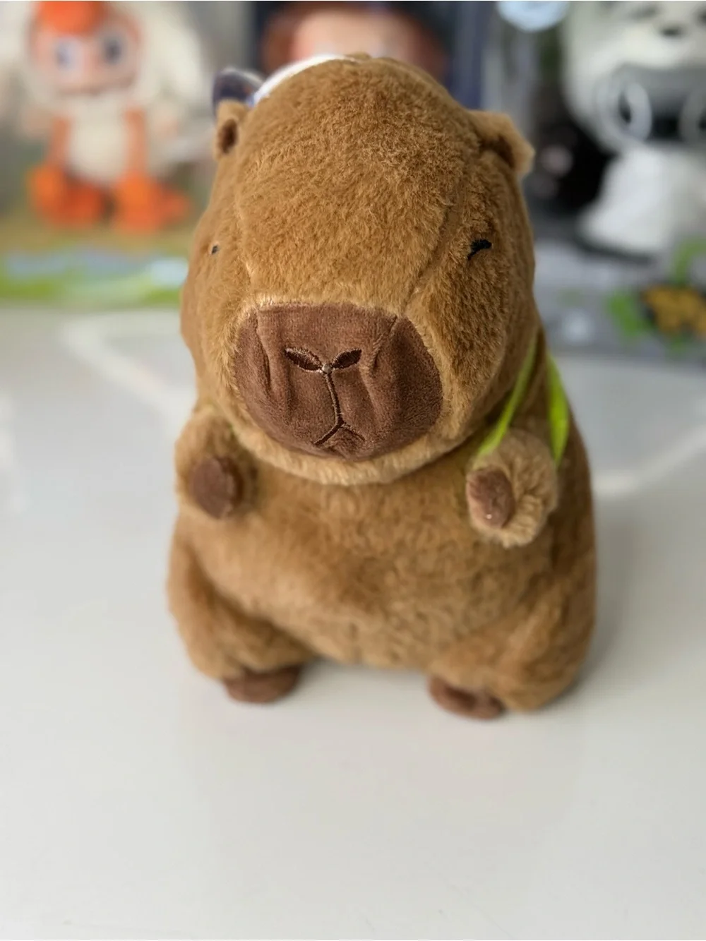 Plush Small Pet Brown Capybara Toy with Lime Green Turtle Backpack